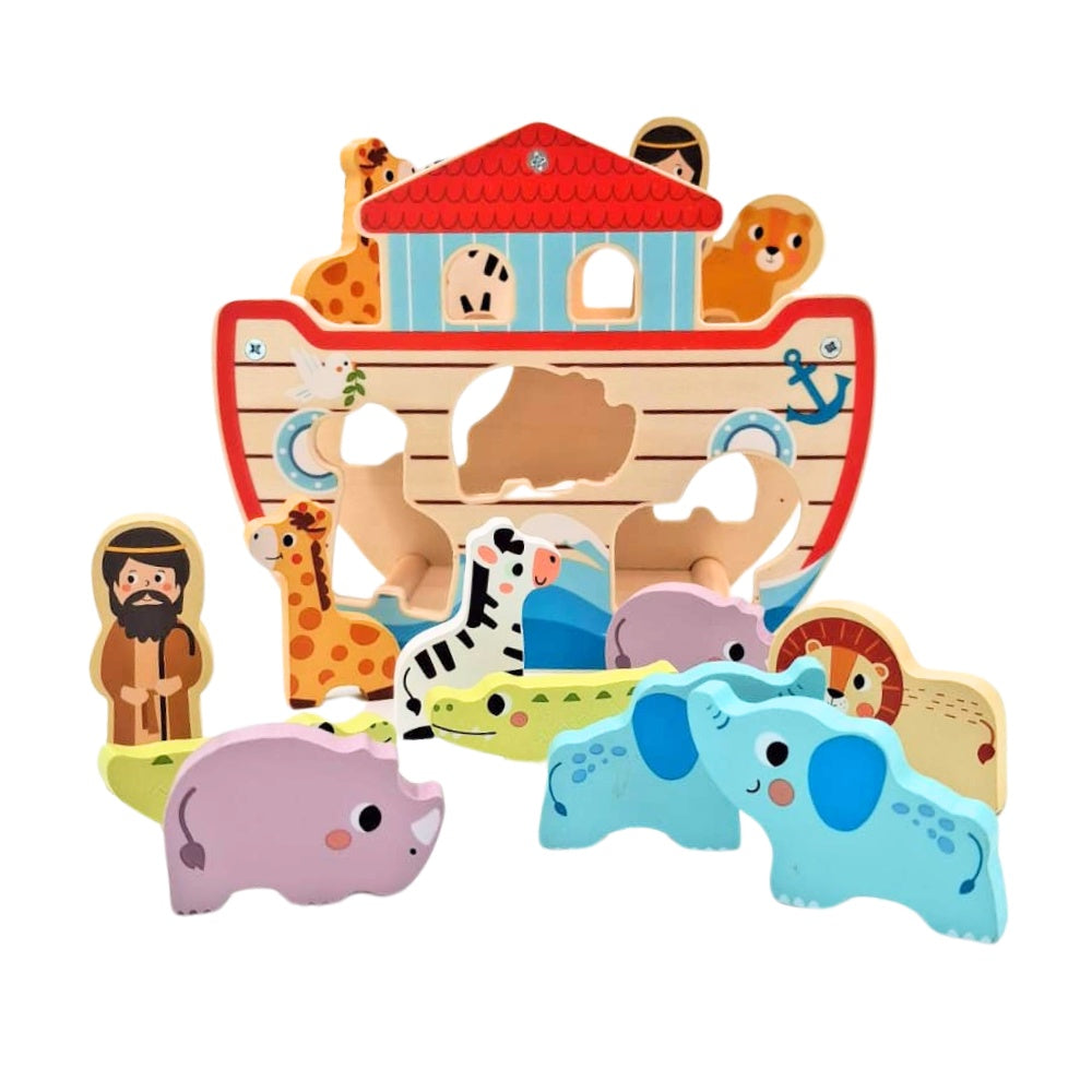 hi Pando - Wooden Noah's Ark Playset with Animal Figures - 15pcs