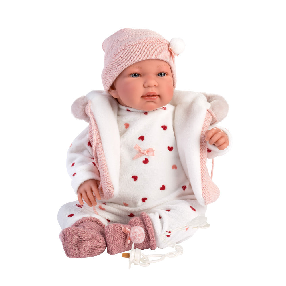 Llorens - Newborn Baby Girl Doll with Crying Mechanism, Pink Romper & Accessories: Tina - 44cm - Motherhood