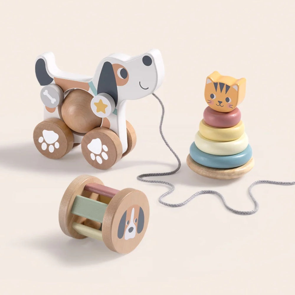 TookyToy - 3-in-1 Wooden Toy Gift Set - Rattle, Stacking Tower and Pull-Along Puppy