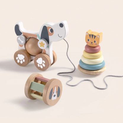 TookyToy - 3-in-1 Wooden Toy Gift Set - Rattle, Stacking Tower and Pull-Along Puppy