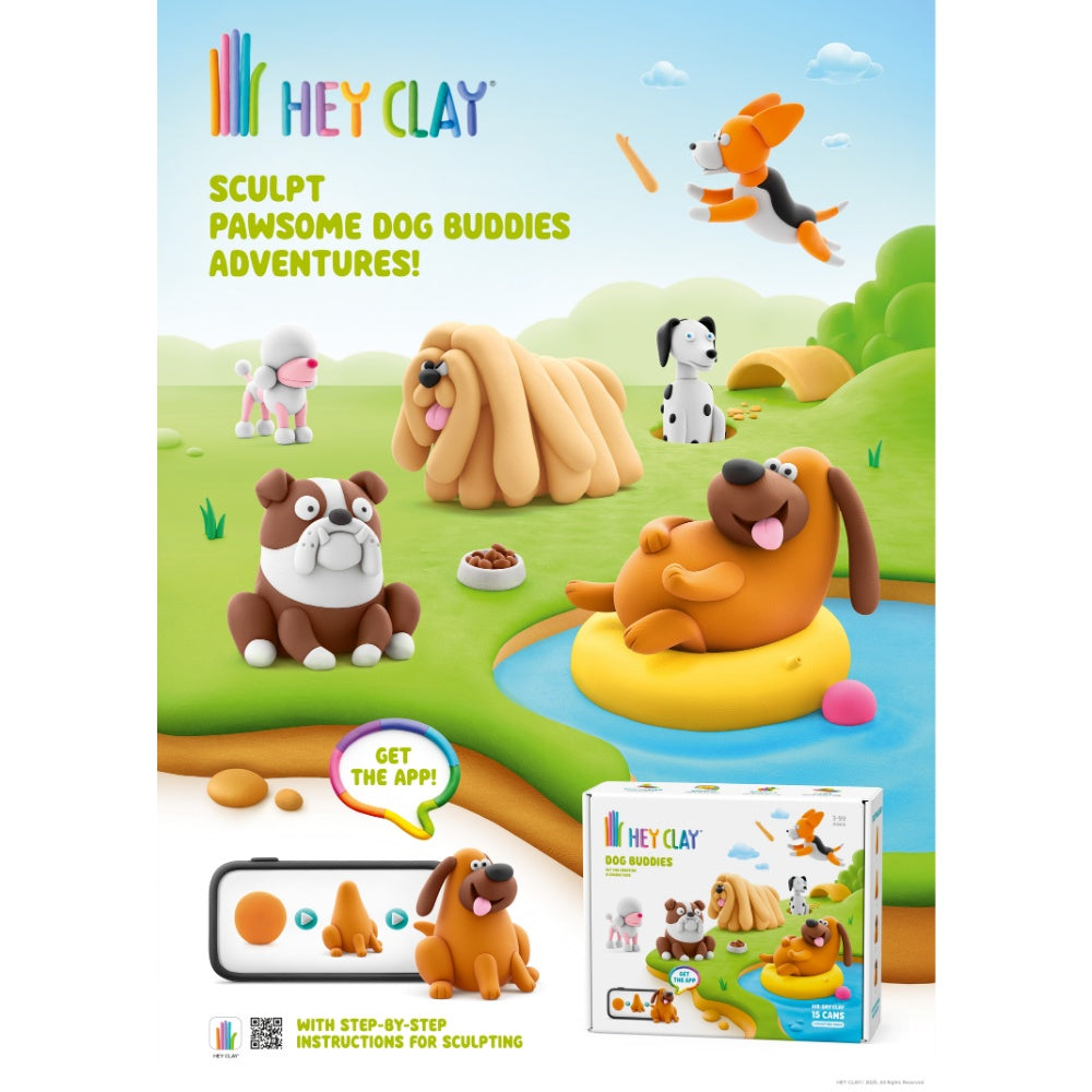 Hey Clay - Modelling Air-Dry Clay with Fun Interactive App - Poodle Poppy, Bulldog Hypno, Komondor Moody, Series Dog Buddies, 6 cans