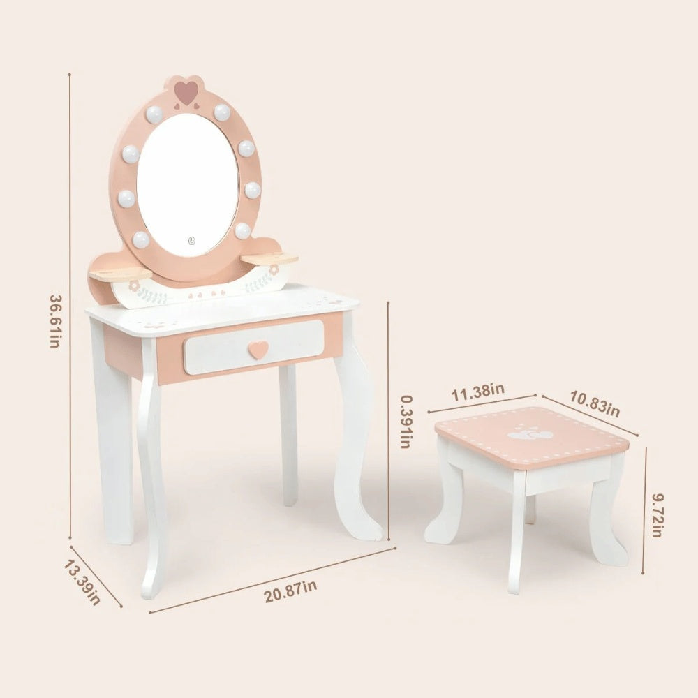 TookyToy - Wooden Vanity Table with Light-Up Mirror & Stool