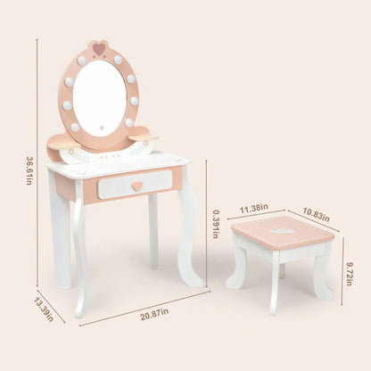 TookyToy - Wooden Vanity Table with Light-Up Mirror & Stool