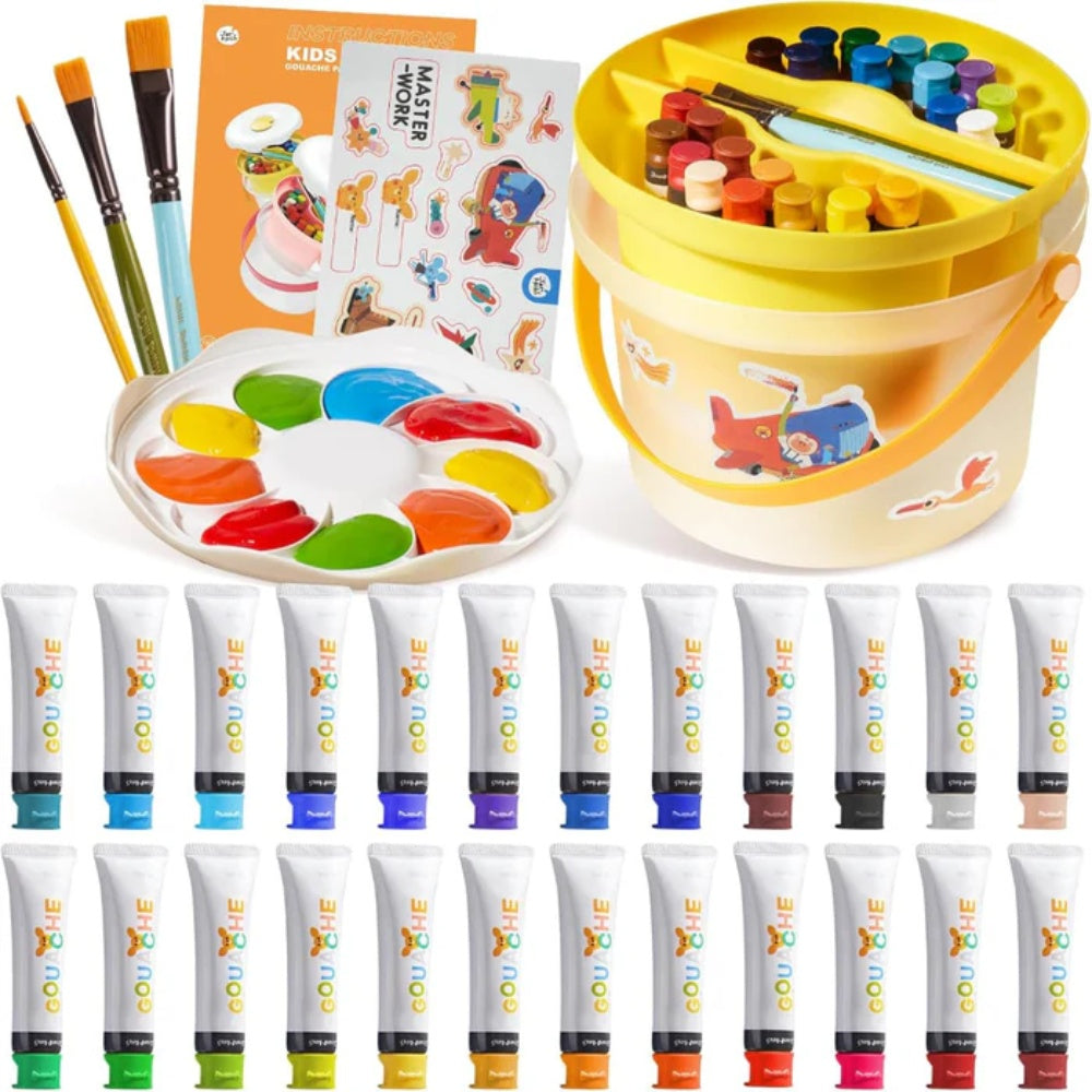 Jar Meló - Portable Gouache Paint Set for Kids - 24 Colours with Brushes & Paper