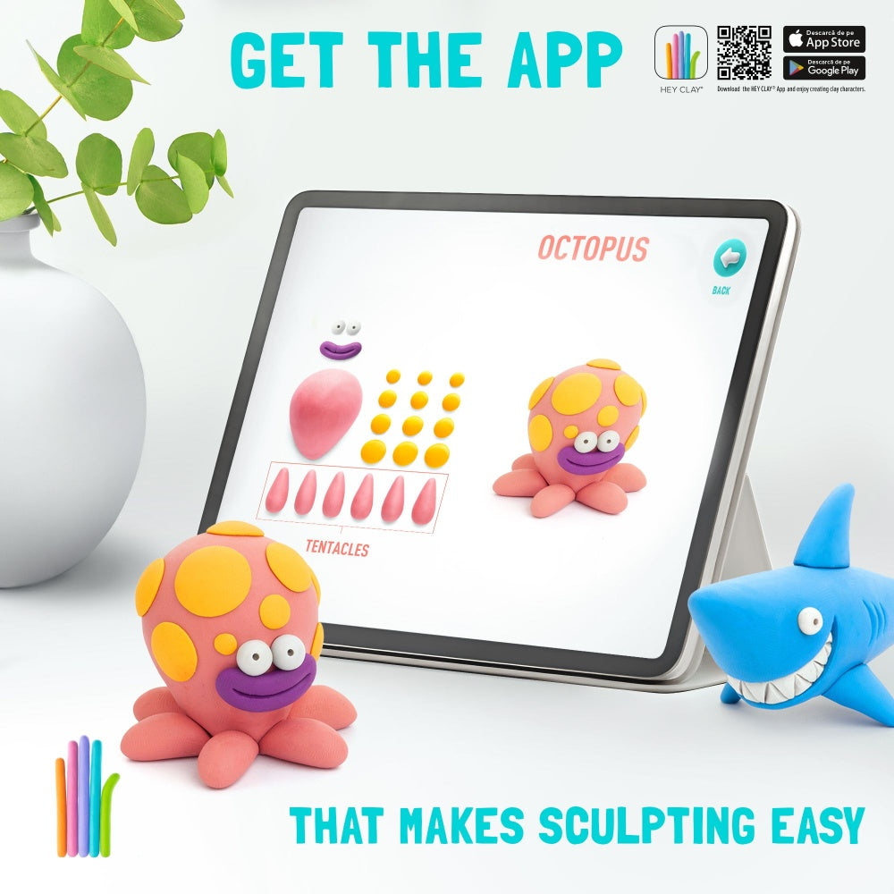 Hey Clay - Modelling Air-Dry Clay with Fun Interactive App - Shark, Octopus, Stingray, Series Ocean, 6 cans