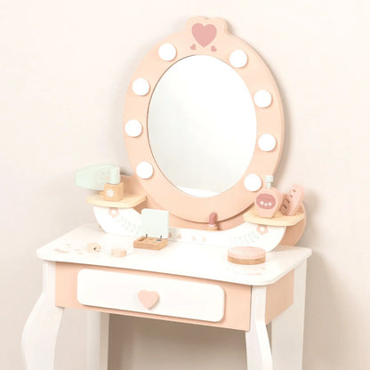 TookyToy - Wooden Vanity Table with Light-Up Mirror & Stool