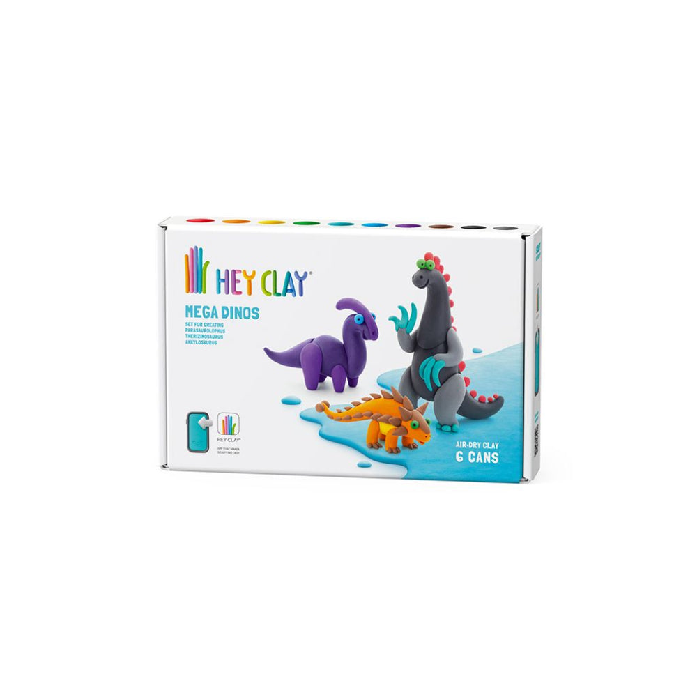 Hey Clay - Modelling Air-Dry Clay with Fun Interactive App - Ankylosaurus, Parasaurolophus, Therizinosaurus, Series Mega Dinos, 6 cans