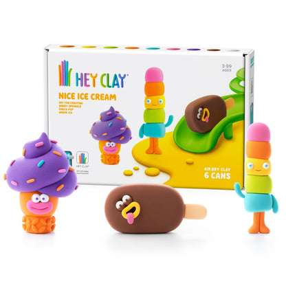 Hey Clay - Modelling Air-Dry Clay with Fun Interactive App - Windy Sprinkle, Warm Ice, Choco Pop, Series Nice Ice Cream, 6 cans
