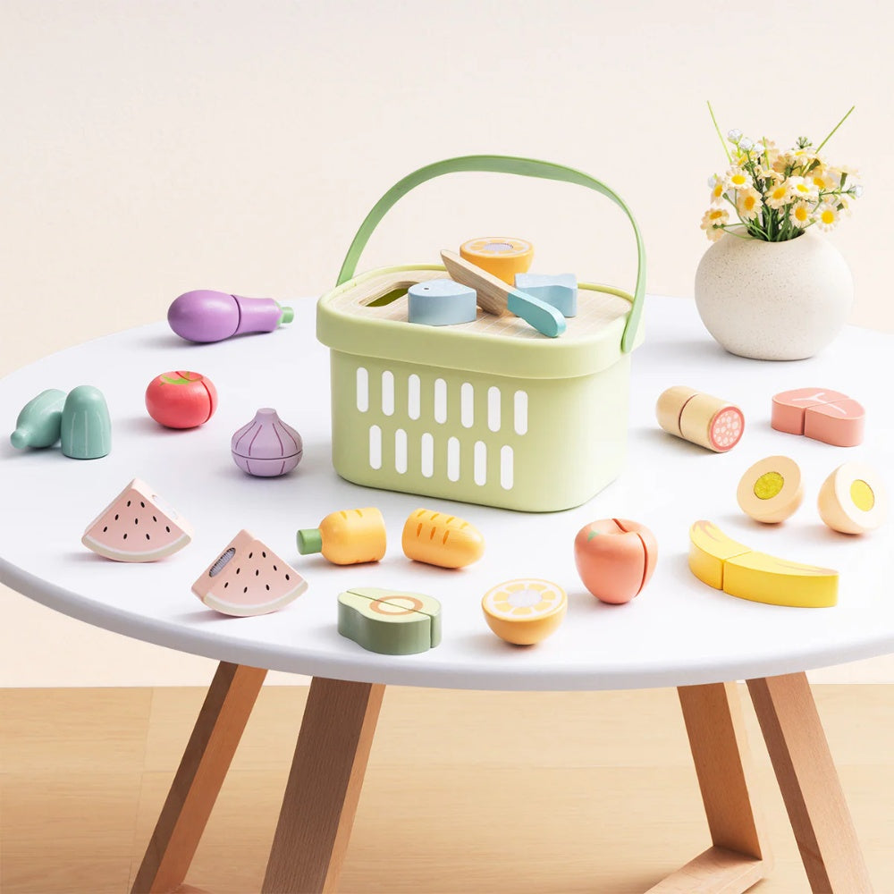 TookyToy - Wooden Cutting Food Play Set in Portable Storage Box - 31 Pieces