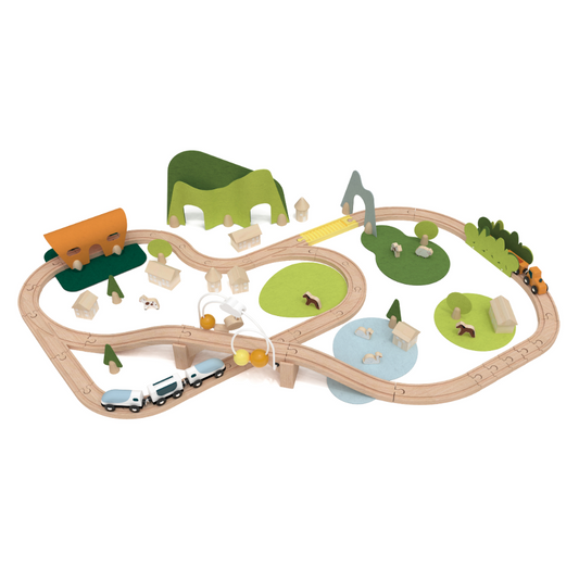 Classic World - Pretend & Play - Natural Wooden Train Set - 100pcs