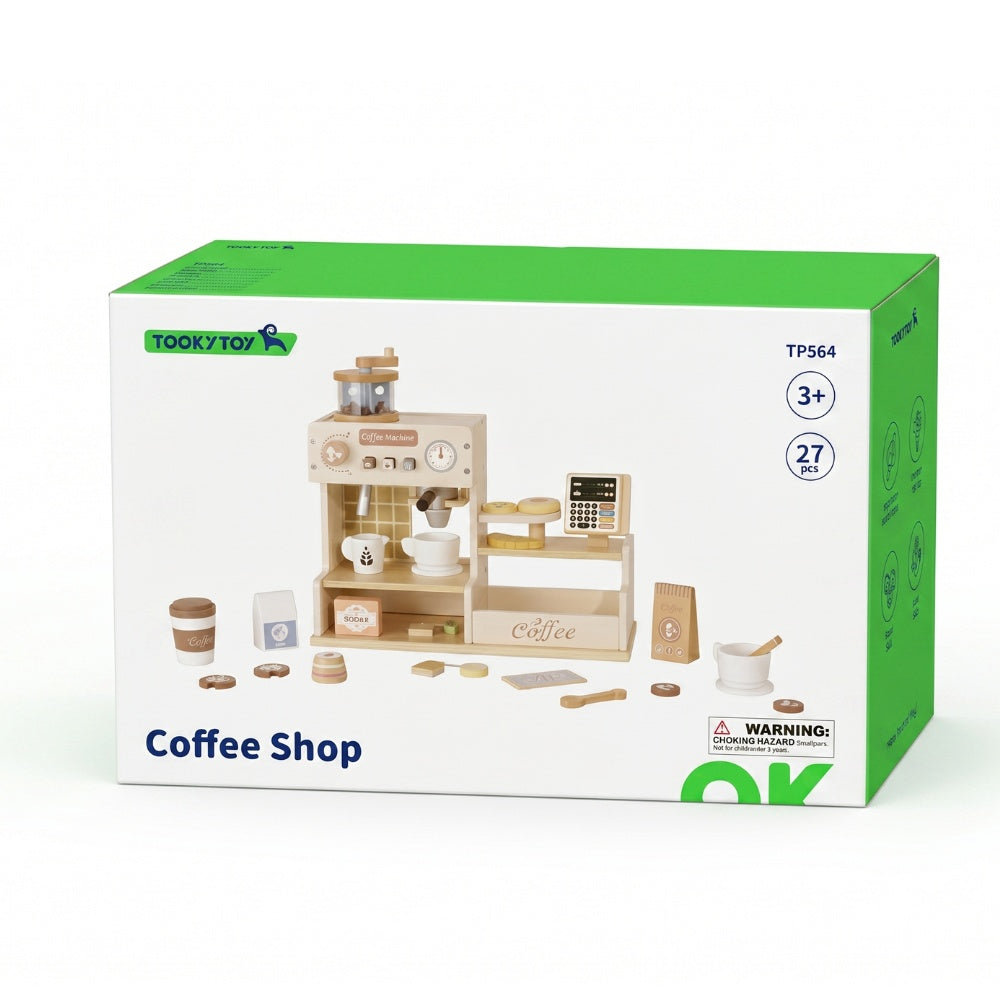 TookyToy - Pretend Play Wooden Cafe Coffe Shop Toy Set - 27 Pieces