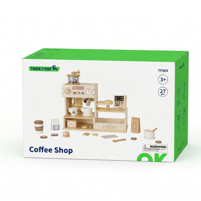 TookyToy - Pretend Play Wooden Cafe Coffe Shop Toy Set - 27 Pieces
