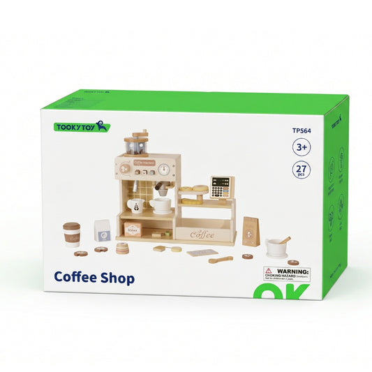 TookyToy - Pretend Play Wooden Cafe Coffe Shop Toy Set - 27 Pieces