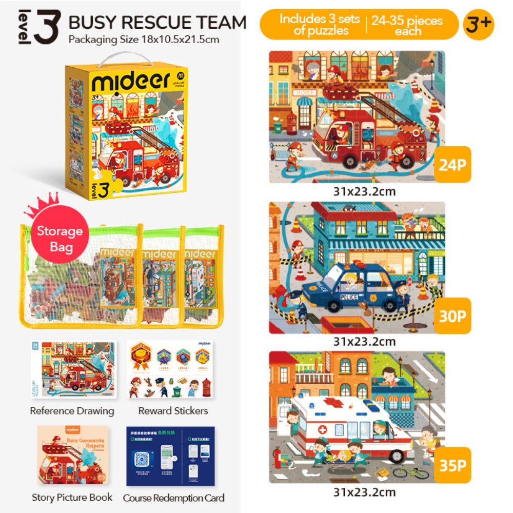 Mideer - Level Up Jigsaw Puzzle for Kids - 3-in-1 - Level 3 Busy Rescue Team