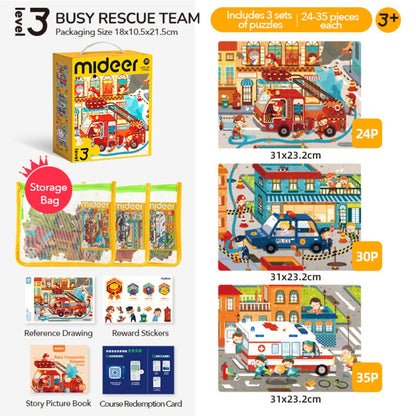 Mideer - Level Up Jigsaw Puzzle for Kids - 3-in-1 - Level 3 Busy Rescue Team