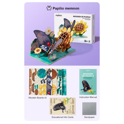 Mideer - Wooden 3D Puzzle for Kids with Educational Flash Cards - Butterfly 48 Pieces