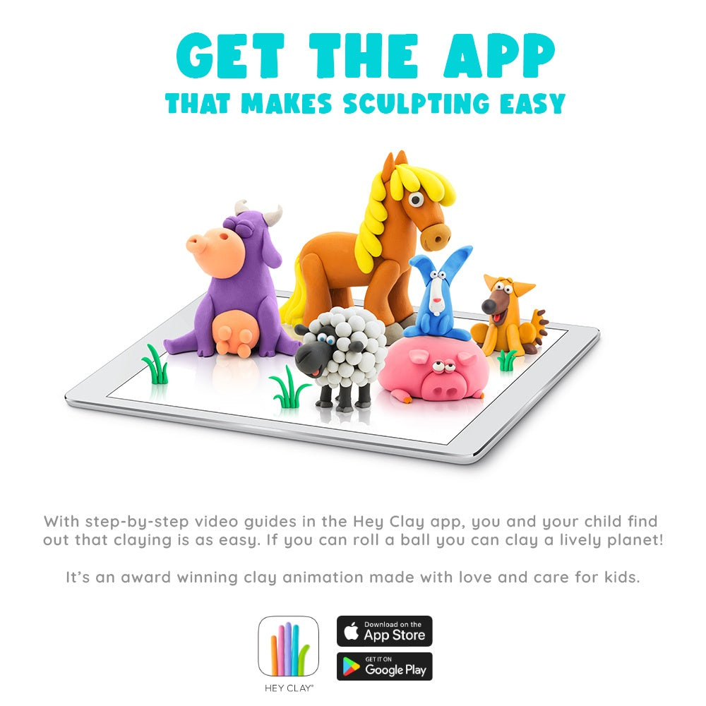 Hey Clay - Modelling Air-Dry Clay with Fun Interactive App - Piggy, Horse, Rabbit, Series Animals, 6 cans
