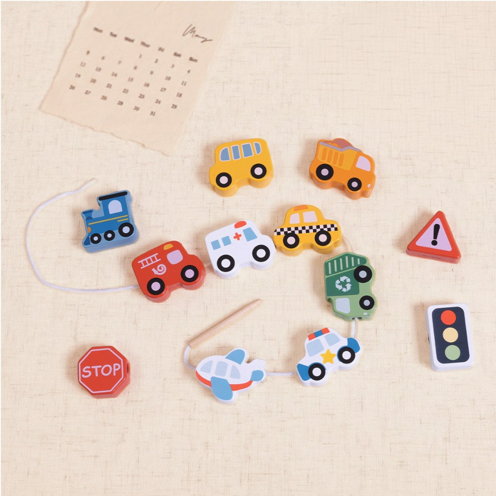 TookyToy - Fine Motor Wooden Lacing Blocks - Transport Set - 13 Pieces