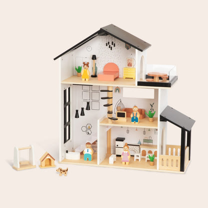 TookyToy - Wooden Dollhouse Toy Set with Furniture and Accessories