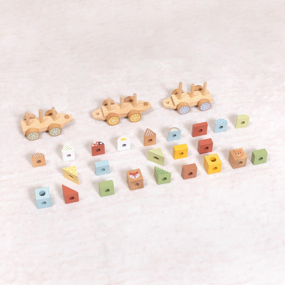 TookyToy - Wooden Pull-Along Stacking Train Toy Set - 26 Pieces