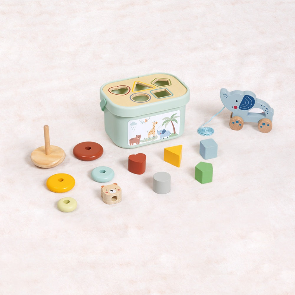 TookyToy - 3-in-1 Activity Set - Shape Sorter Stacker & Pull Along Toy