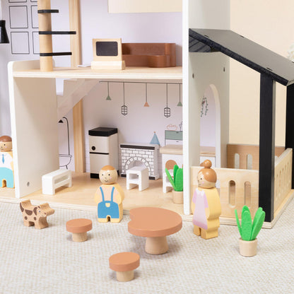 TookyToy - Wooden Dollhouse Toy Set with Furniture and Accessories