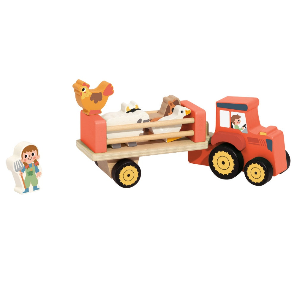 TookyToy - Pretend Play Wooden Farm Animal Tractor Toy Set - 8 Pieces