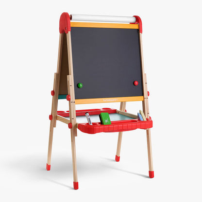 TopBright - 2 in 1 Deluxe Standing Art Easel - Adjustable Height - Black & White Board with Paper & Paint Holder - 54 x 49 x 112 cm