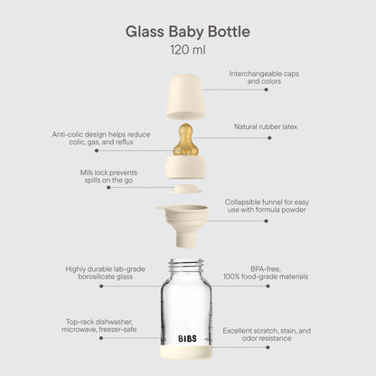 BIBS Glass Baby Bottle Round Latex 120 ml - Motherhood
