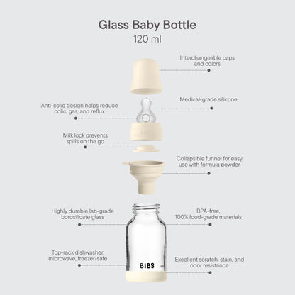 BIBS Glass Baby Bottle Round Silicone 120 ml - Motherhood