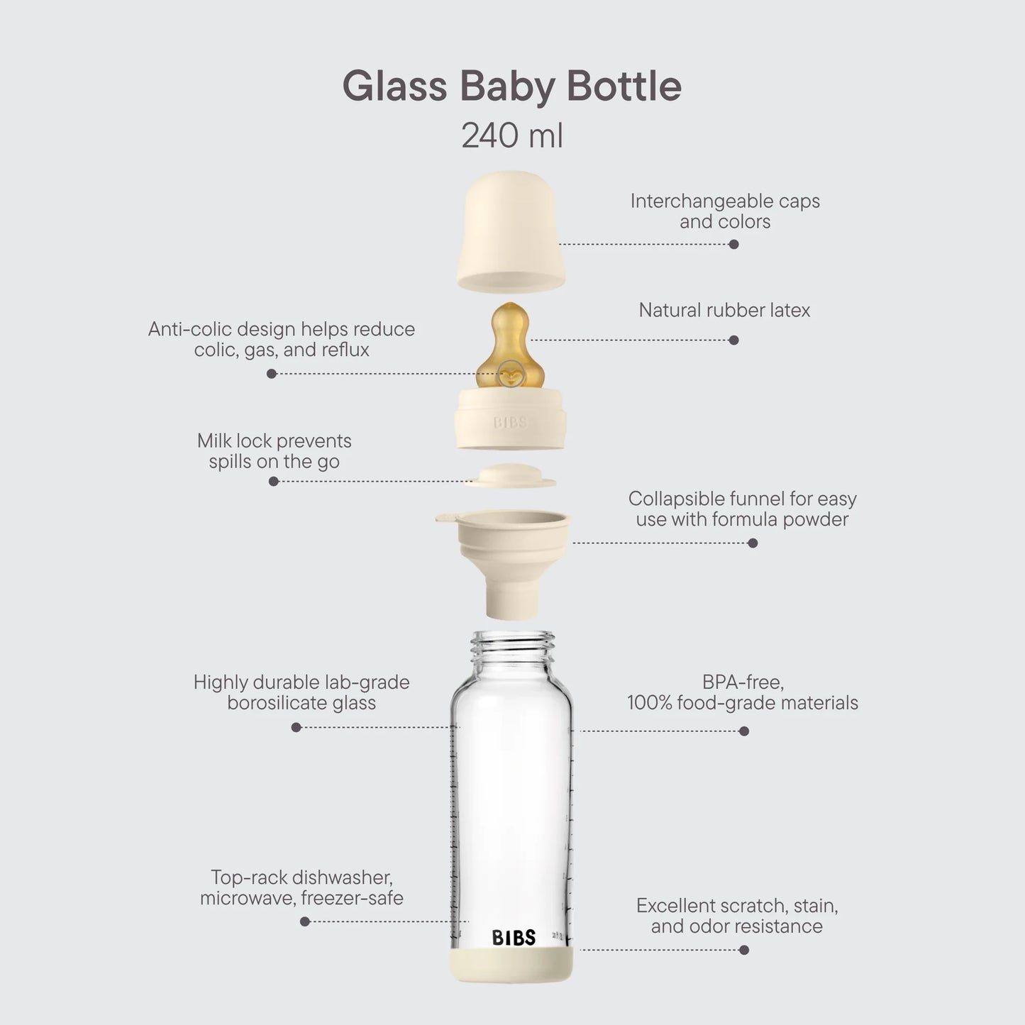 BIBS Glass Baby Bottle Round Latex 240 ml