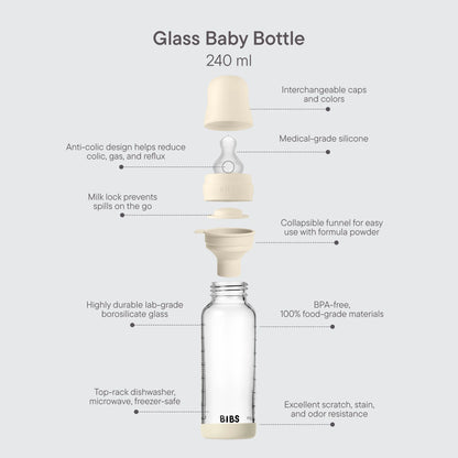 BIBS Glass Baby Bottle Round Silicone 240 ml Medium Flow Baby Blue - Motherhood