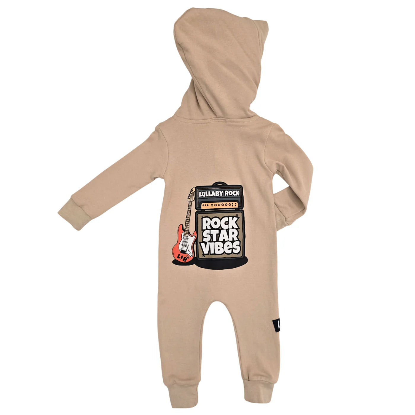 Lullaby Rock Rockstar Vibes Zip-Up Onesie in Tan – Hooded Fleece Onesie - Motherhood