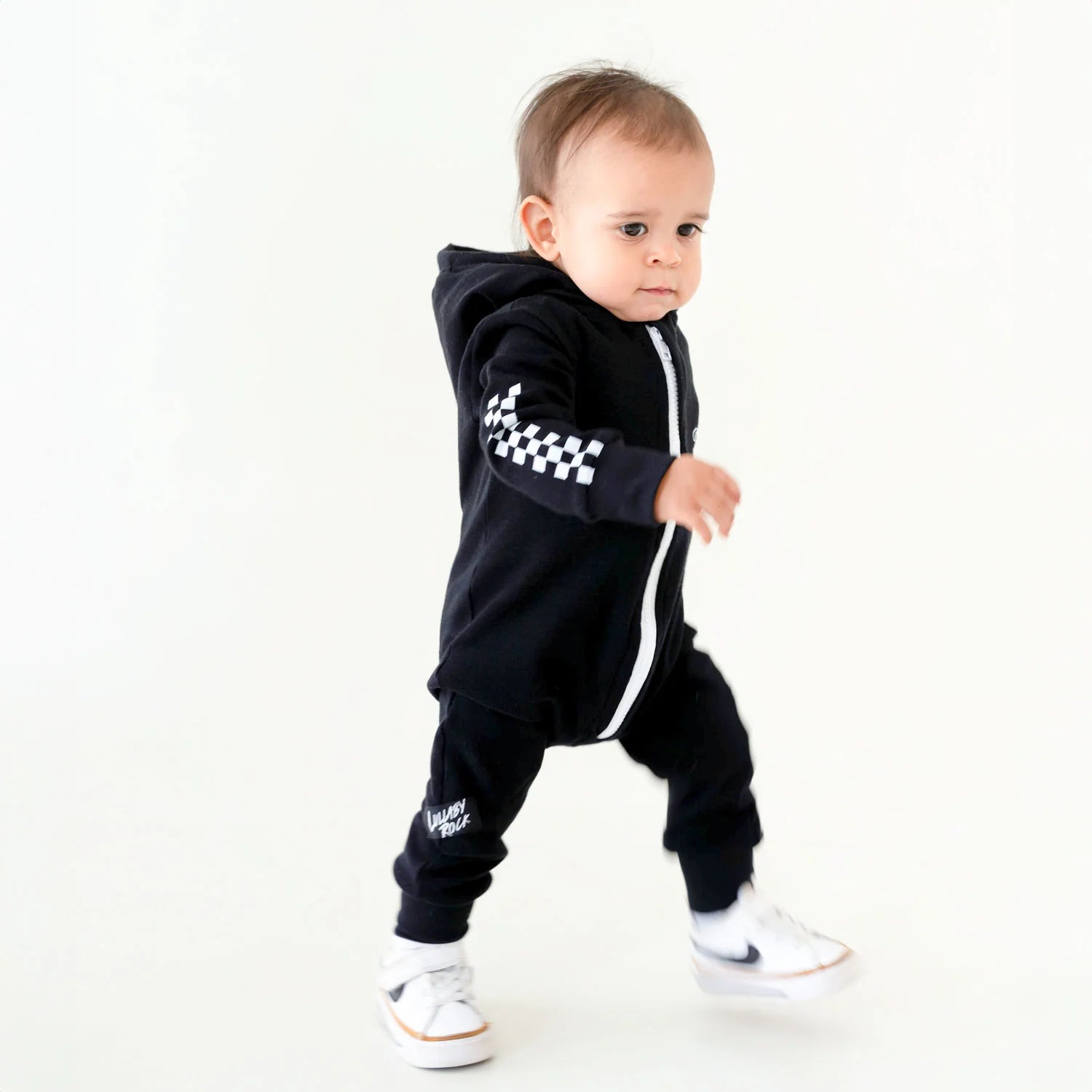 Lullaby Rock Rad Little Racer Zip-Up Onesie with Hood – Black Fleece Onesie - Motherhood