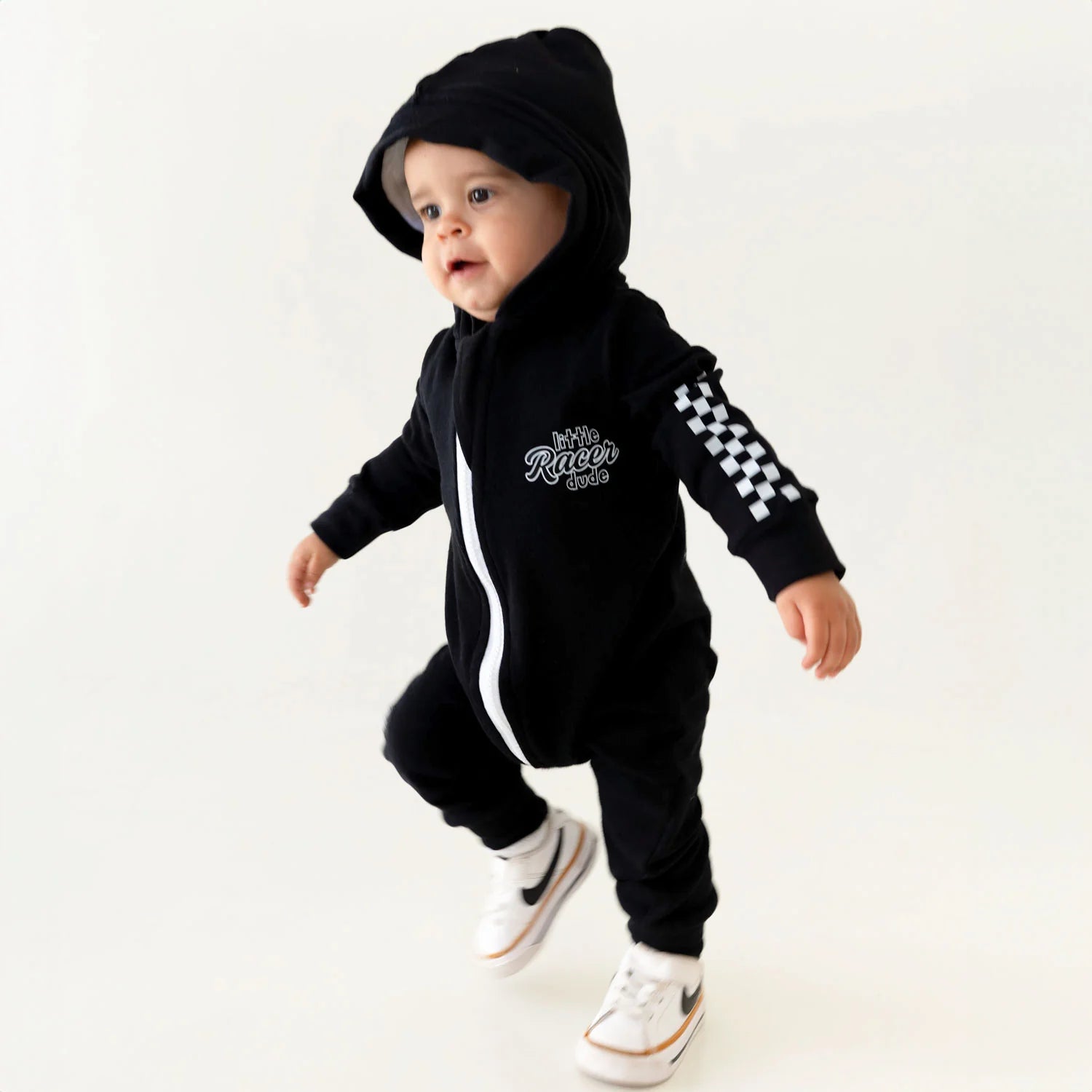 Lullaby Rock Rad Little Racer Zip-Up Onesie with Hood – Black Fleece Onesie - Motherhood