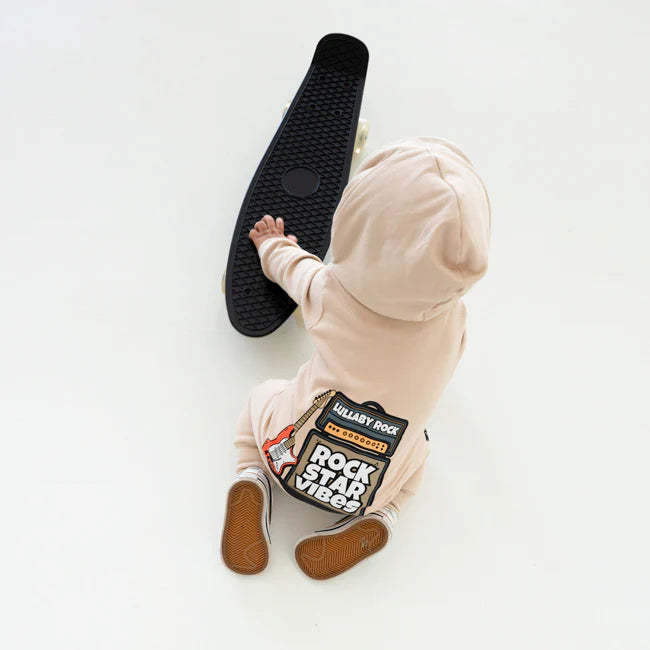 Lullaby Rock Rockstar Vibes Zip-Up Onesie in Tan – Hooded Fleece Onesie - Motherhood