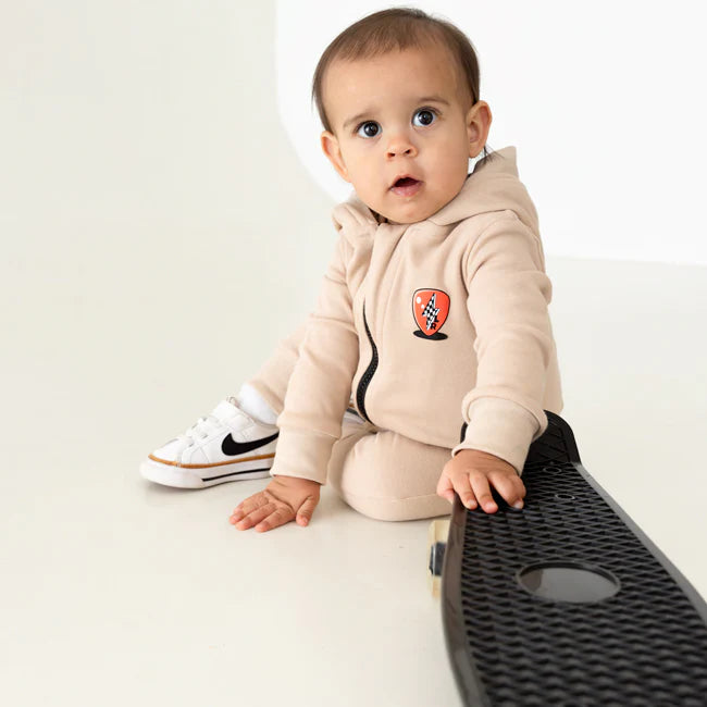 Lullaby Rock Rockstar Vibes Zip-Up Onesie in Tan – Hooded Fleece Onesie - Motherhood