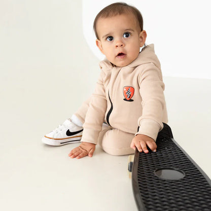 Lullaby Rock Rockstar Vibes Zip-Up Onesie in Tan – Hooded Fleece Onesie - Motherhood